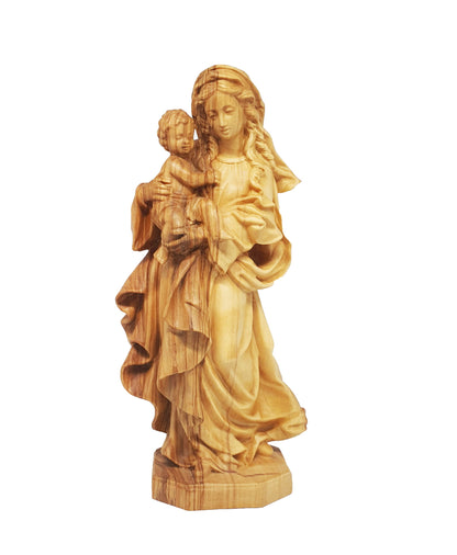 Statue en bois d'olivier de la Vierge Marie et de l'Enfant Jésus