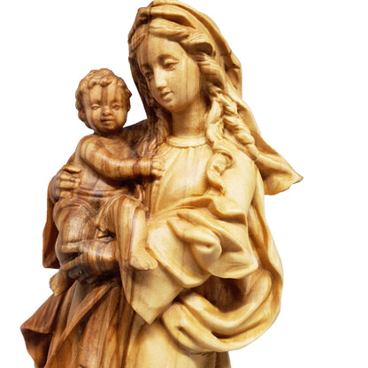 Statue en bois d'olivier de la Vierge Marie et de l'Enfant Jésus