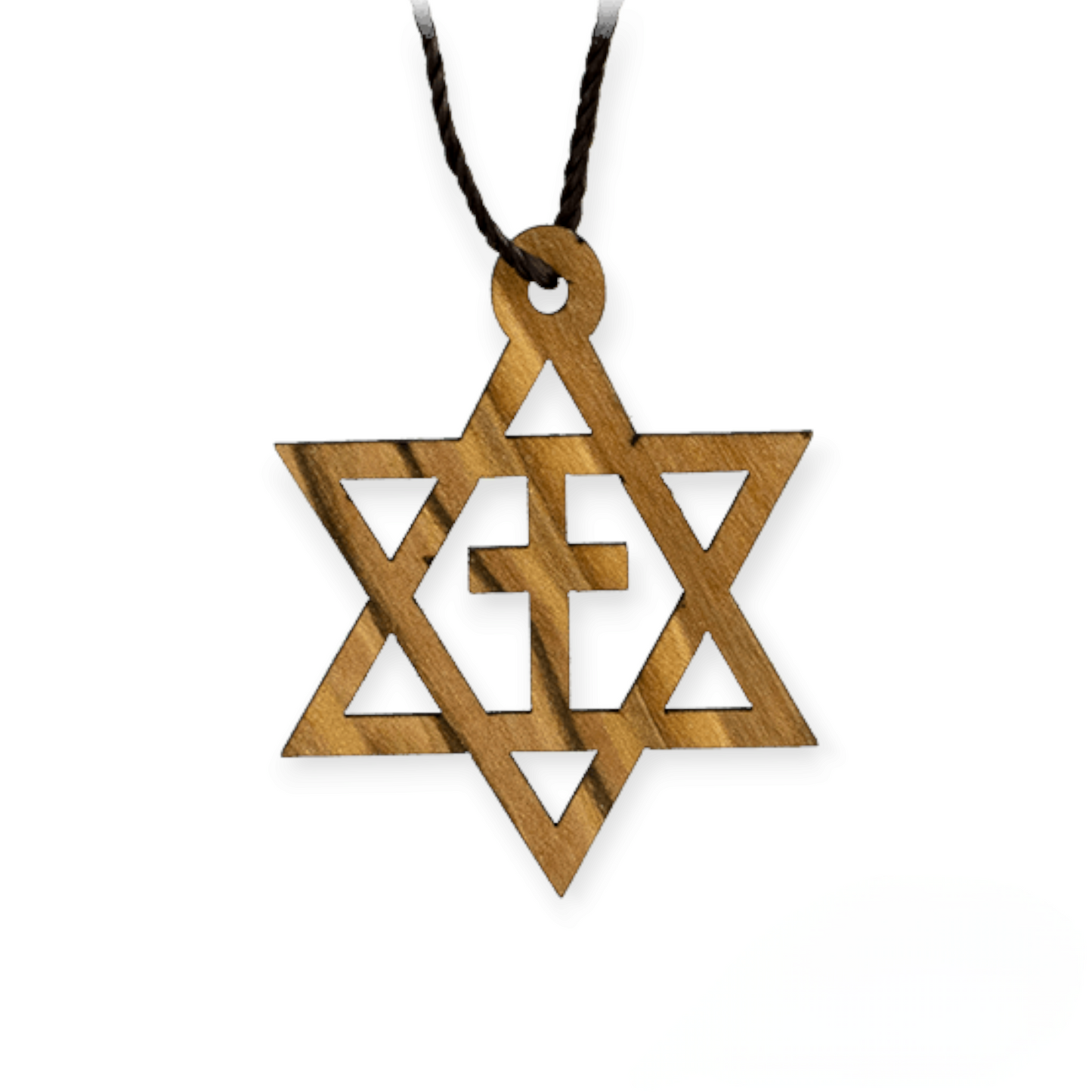 Star Of David With Cross, Messianic Olive Wood Necklace