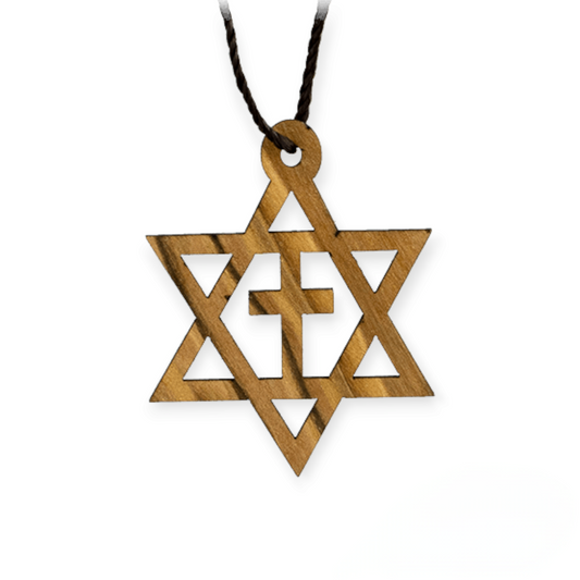 Star Of David With Cross, Messianic Olive Wood Necklace