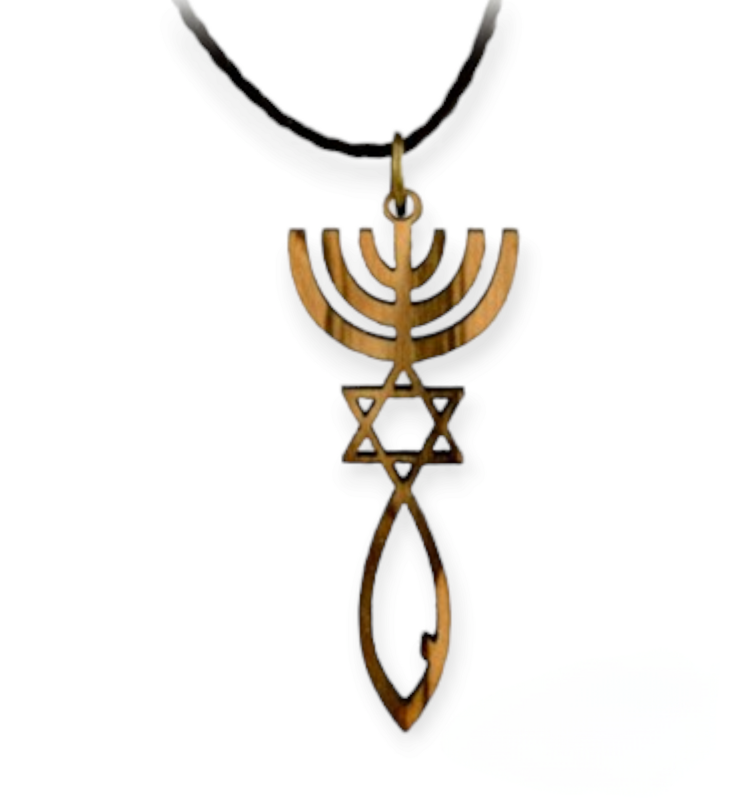 Messianic Olive Wood Necklace - Menorah, Star Of David, & Jesus Fish