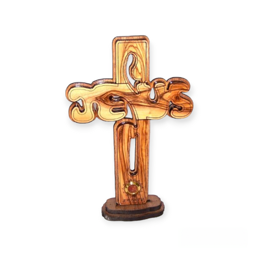 Olive Wood Cross Carved by Laser with Incense Sample- Hanging or Standing (16 cm or 6 inches)