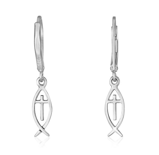 Small Fish with a Cross Silver Hanging Loop Earrings