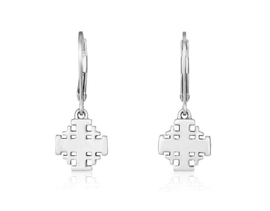 Jerusalem Cross with Hanging Loop Earrings Made of Silver Christian Holy Land Jewelry for Gifts