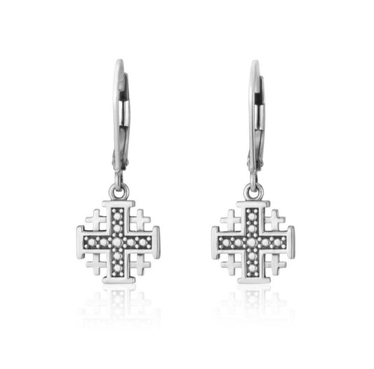 Cross Hanging Loop Earrings Silver Made in Jerusalem