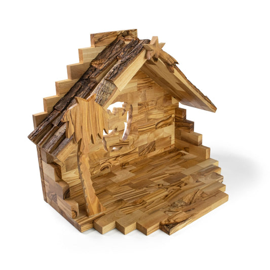 Olive Wood House With Figurines; The Holy Family, Shepherds, and Baby Jesus, Made In Bethlehem