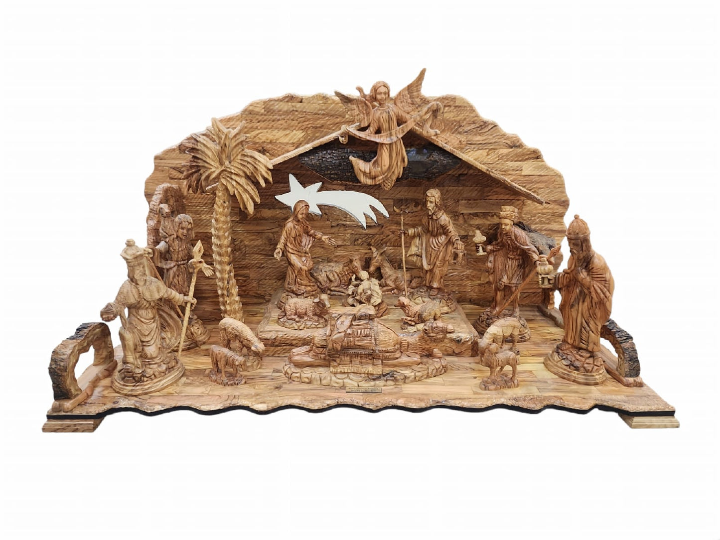 Crèche de Noël en bois d'olivier : Vierge Marie, Enfant Jésus, les bergers et l'ange Gabriel