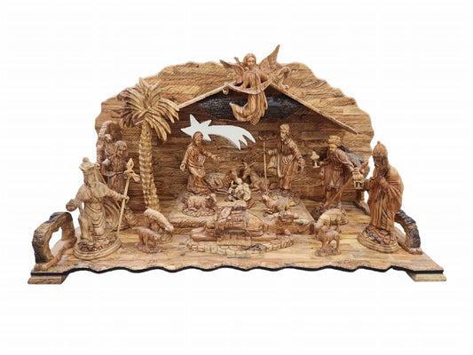 Nativity Scene From Olive Wood: Virgin Mary, Baby Jesus, The Shepherds, And The Angel Gabriel