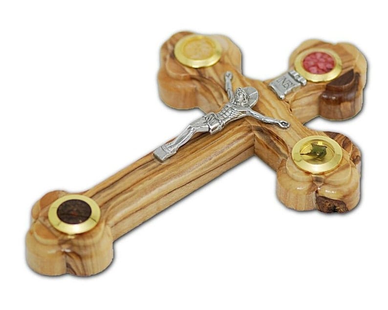 Croix en bois d'olivier, avec terre et encens des Terres Saintes