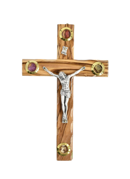 Croix en bois d'olivier, avec terre et encens des Terres Saintes