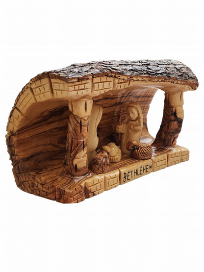 Olive Wood Nativity Grotto With Holy Family Set