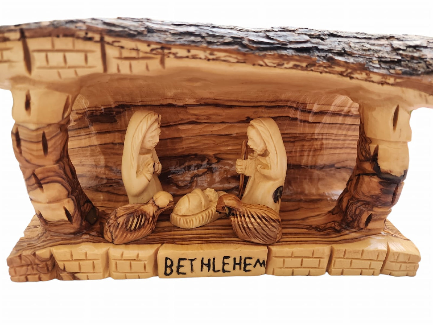 Olive Wood Nativity Grotto With Holy Family Set