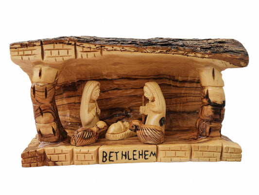 Olive Wood Nativity Grotto With Holy Family Set