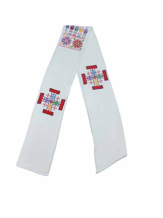 Jerusalem Cross Scarf, Handmade Embroidery, White