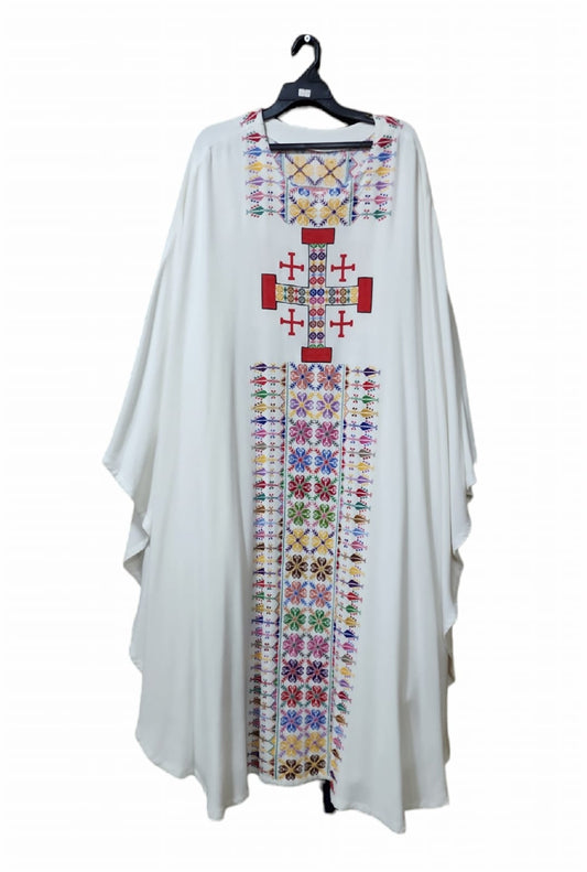 Handmade Embroidery Women Dress With Jerusalem Cross, White