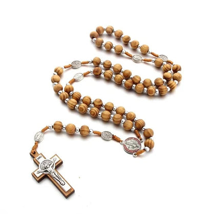 Olive Wood Rosary With Wooden & Metal Cross With Jesus In Center