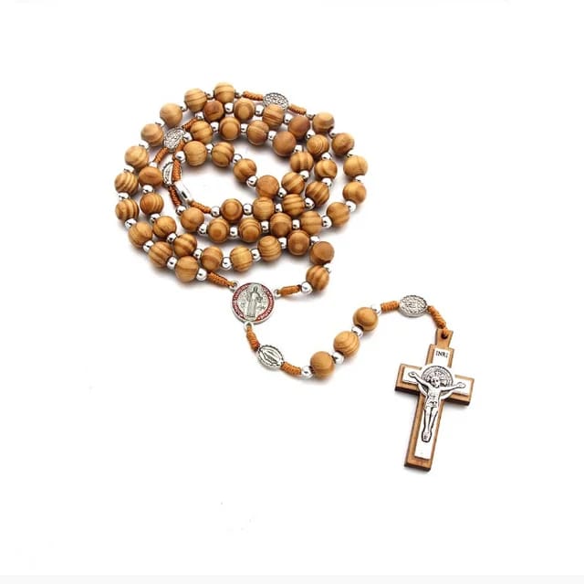 Olive Wood Rosary With Wooden & Metal Cross With Jesus In Center