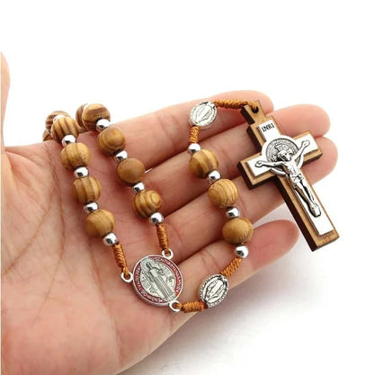 Olive Wood Rosary With Wooden & Metal Cross With Jesus In Center