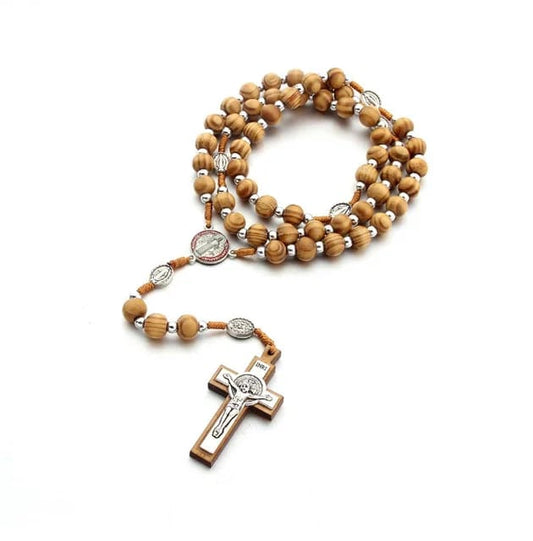 Olive Wood Rosary With Wooden & Metal Cross With Jesus In Center