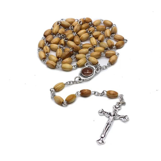 Long Olive Wood Rosary With Metal Cross With Jesus In Center