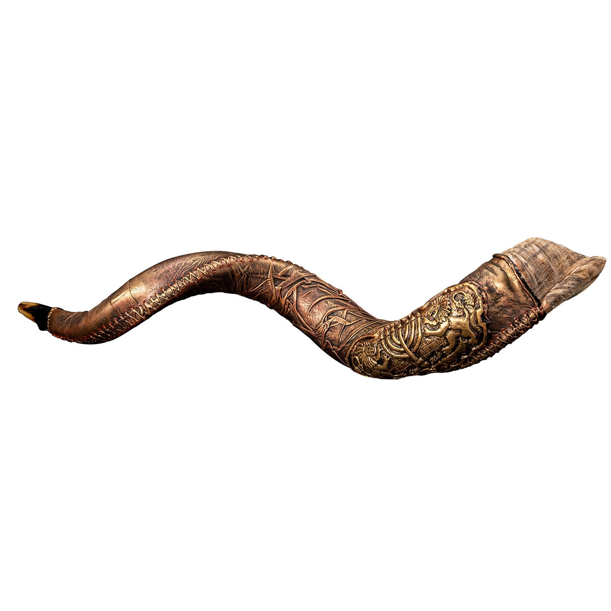 Leather Wrapped Yemenite Kudu Shofar - Lions and Menorah, 38 Inches