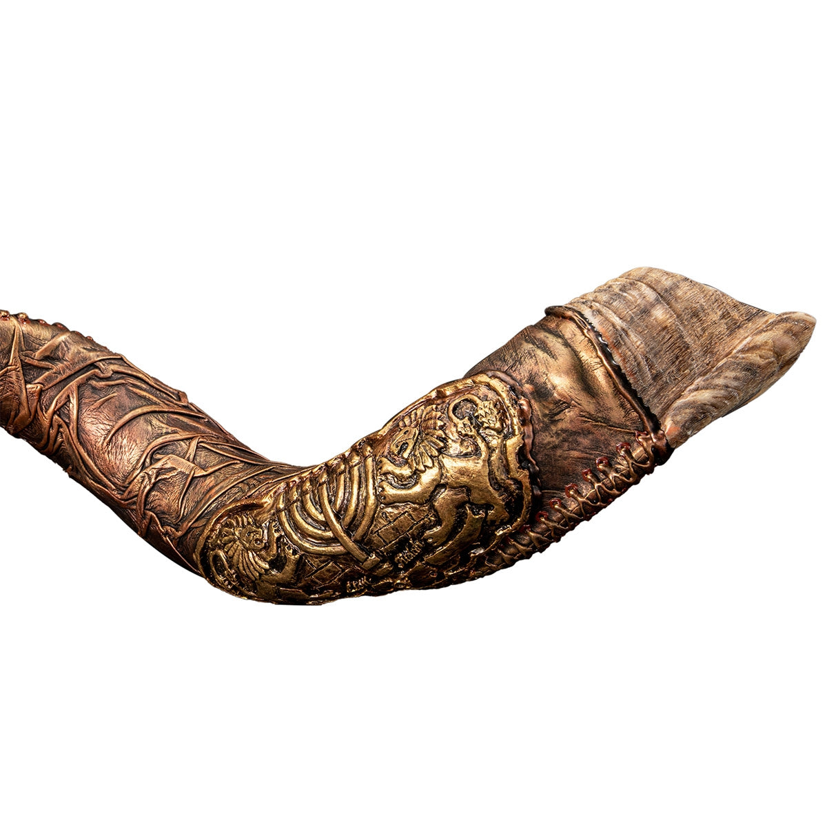 Leather Wrapped Yemenite Kudu Shofar - Lions and Menorah, 38 Inches