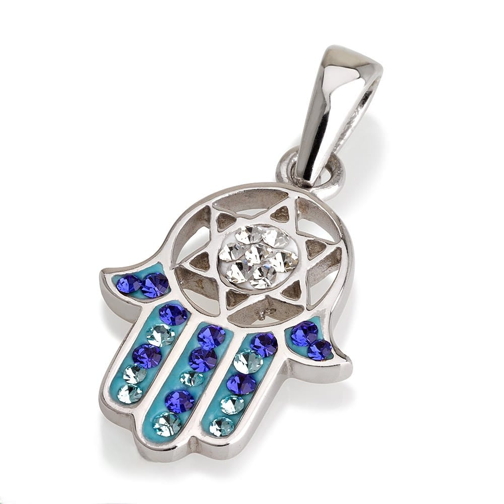 Silver Hand of God With Star of David Pendant, With Blue Gradient Stones