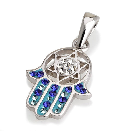 Silver Hand of God With Star of David Pendant, With Blue Gradient Stones