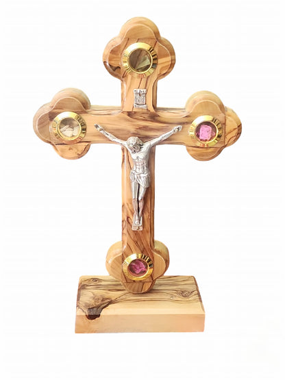 Croix en bois d'olivier, avec terre et encens des Terres Saintes