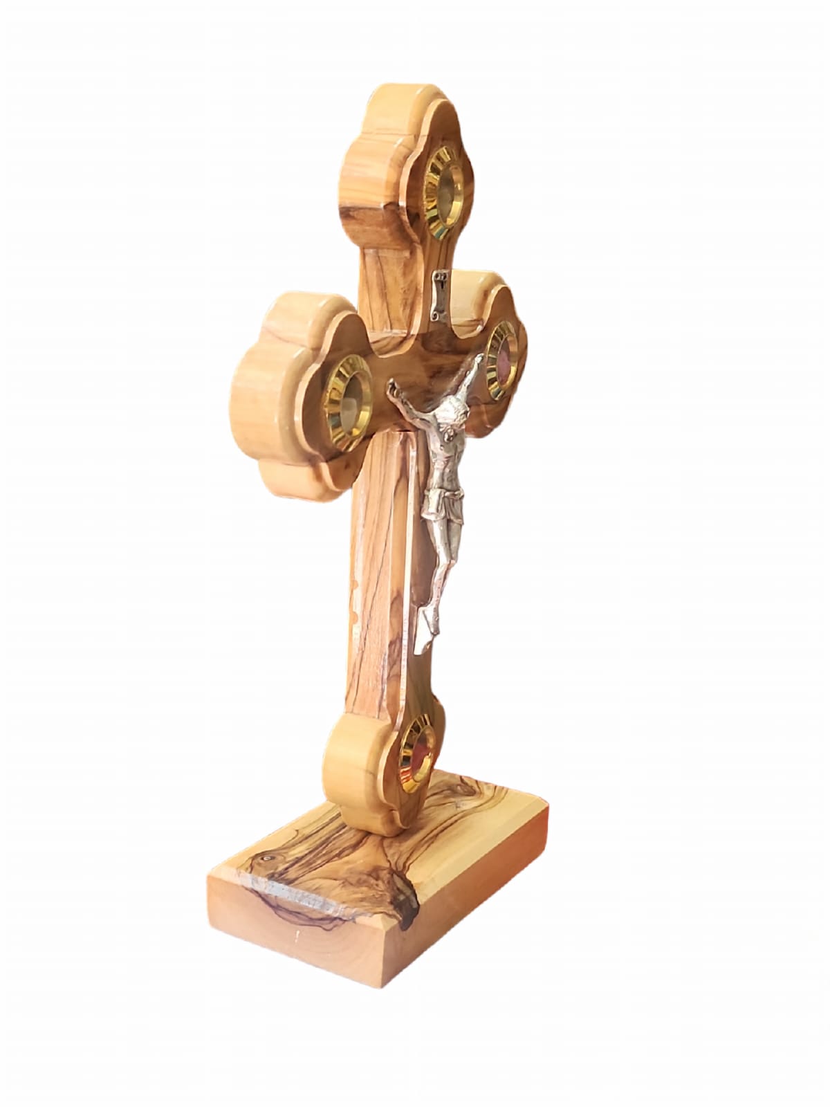 Croix en bois d'olivier, avec terre et encens des Terres Saintes