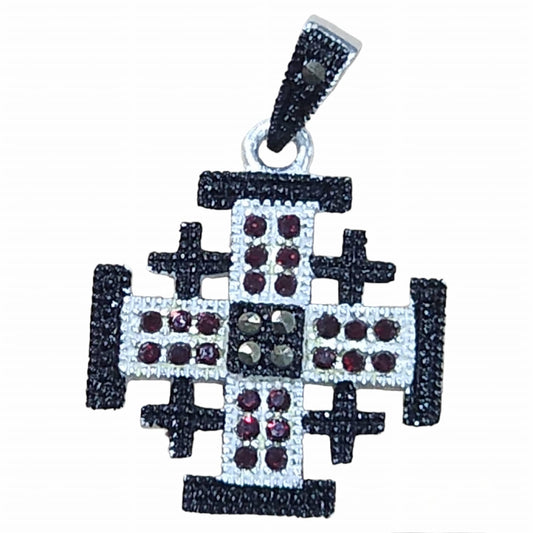 Pendentif croix de Jérusalem en argent avec pierres marron