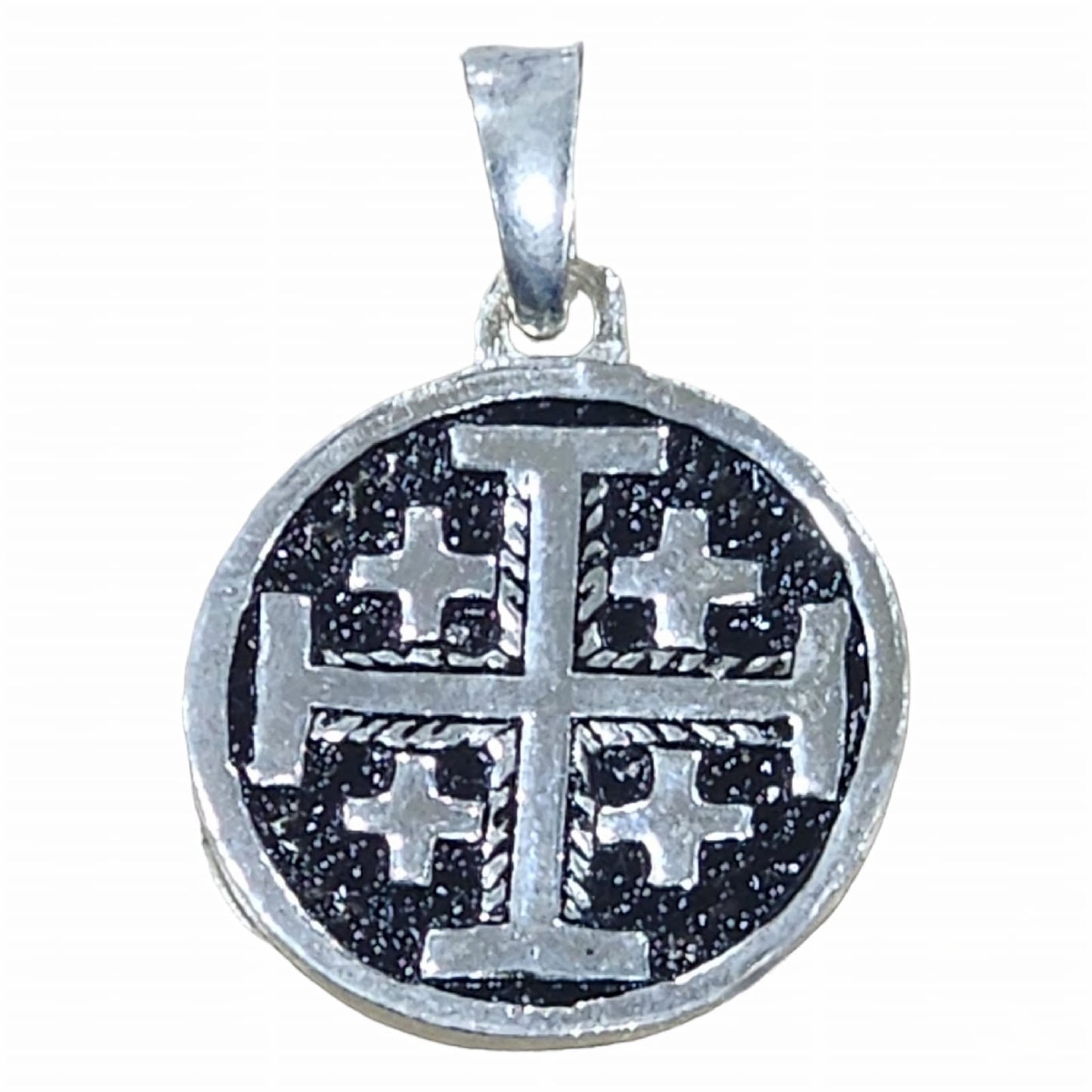 Pendentif Croix de Jérusalem en Argent sur Base Ronde Noire