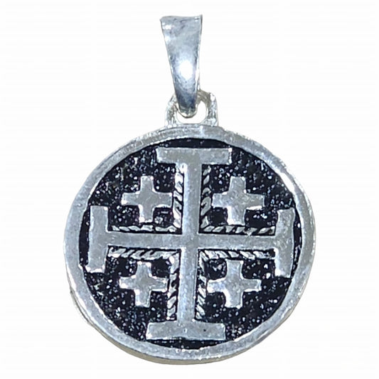 Pendentif Croix de Jérusalem en Argent sur Base Ronde Noire