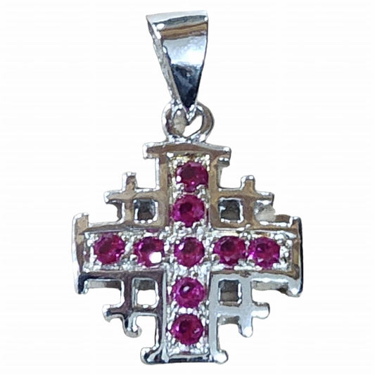 Pendentif Croix de Jérusalem en Argent sur Pierres Roses