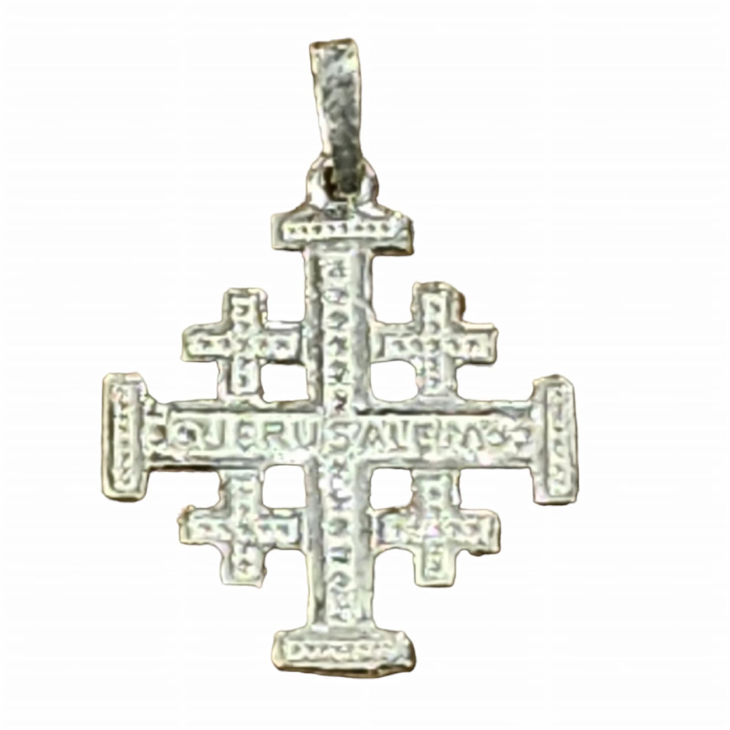 Pendentif croix de Jérusalem en argent, écrit « Jérusalem »