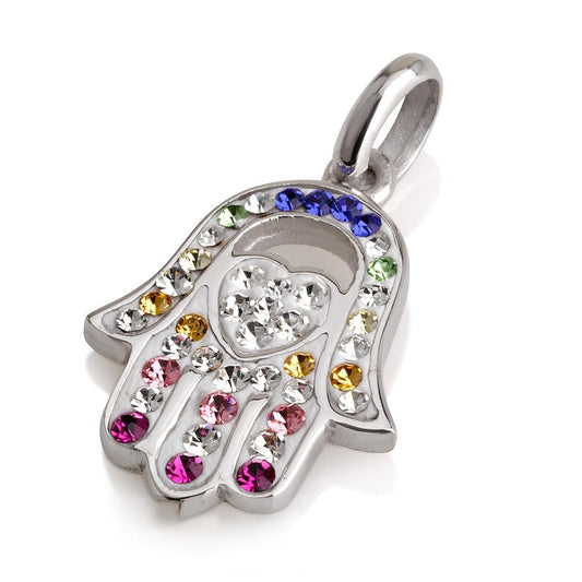 Silver Hand of God Pendant, Multiple Colours, Heart In Center