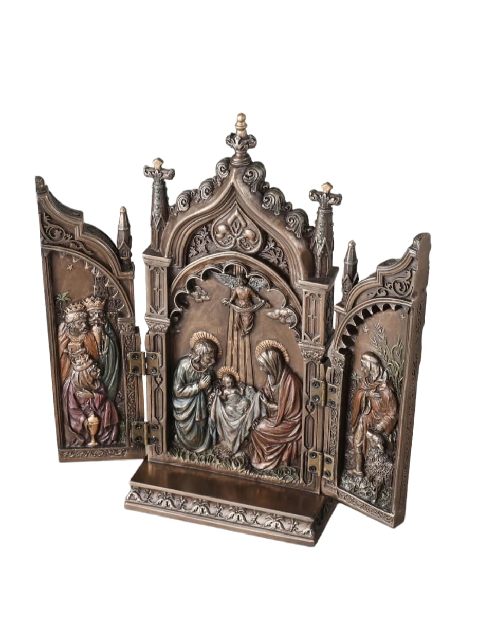 Triptyque de table, La Nativité de Jésus Serviteur dans une Cathédrale avec Électrolyse du Bronze Véronèse