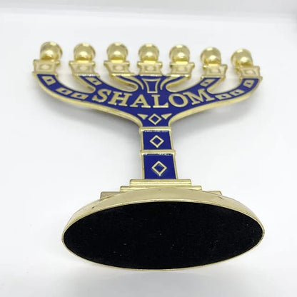 Menorah à 7 branches dorées et bleues, avec les mots « Shalom » et « Jérusalem »