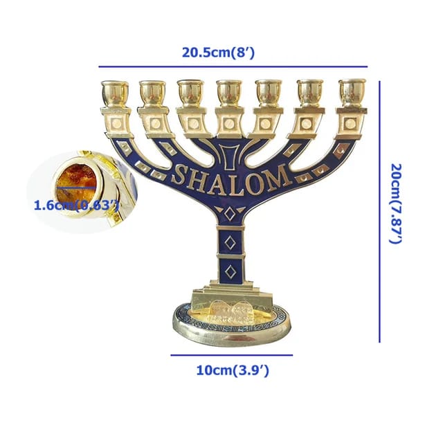 Menorah à 7 branches dorées et bleues, avec les mots « Shalom » et « Jérusalem »