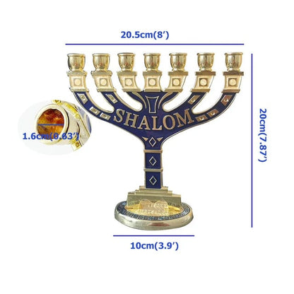 Menorah à 7 branches dorées et bleues, avec les mots « Shalom » et « Jérusalem »