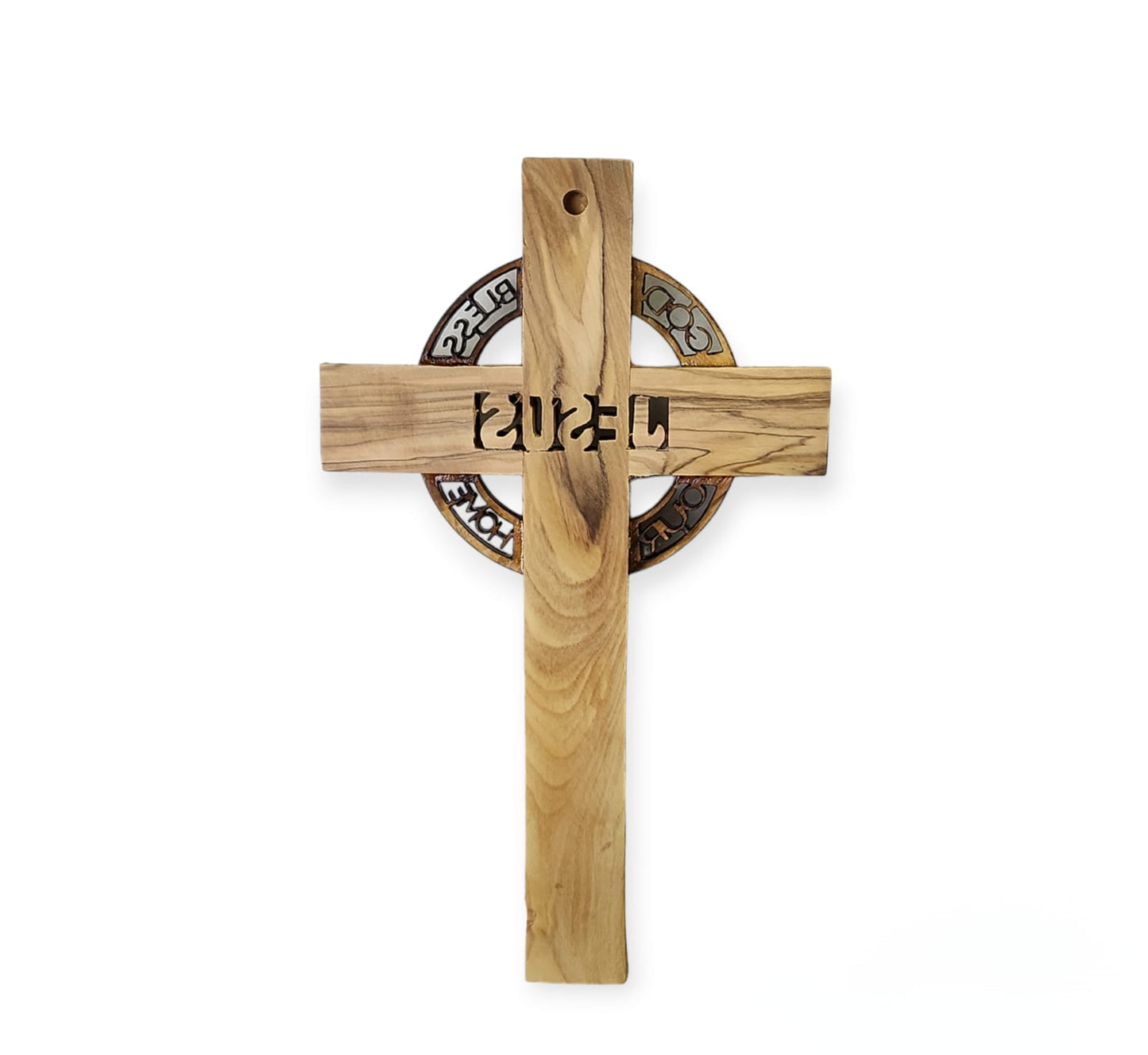 Croix en bois d'olivier avec terre sainte et encens, Jésus au centre