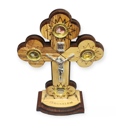 Olive Wood Cross With Stand & Metal Crucifix