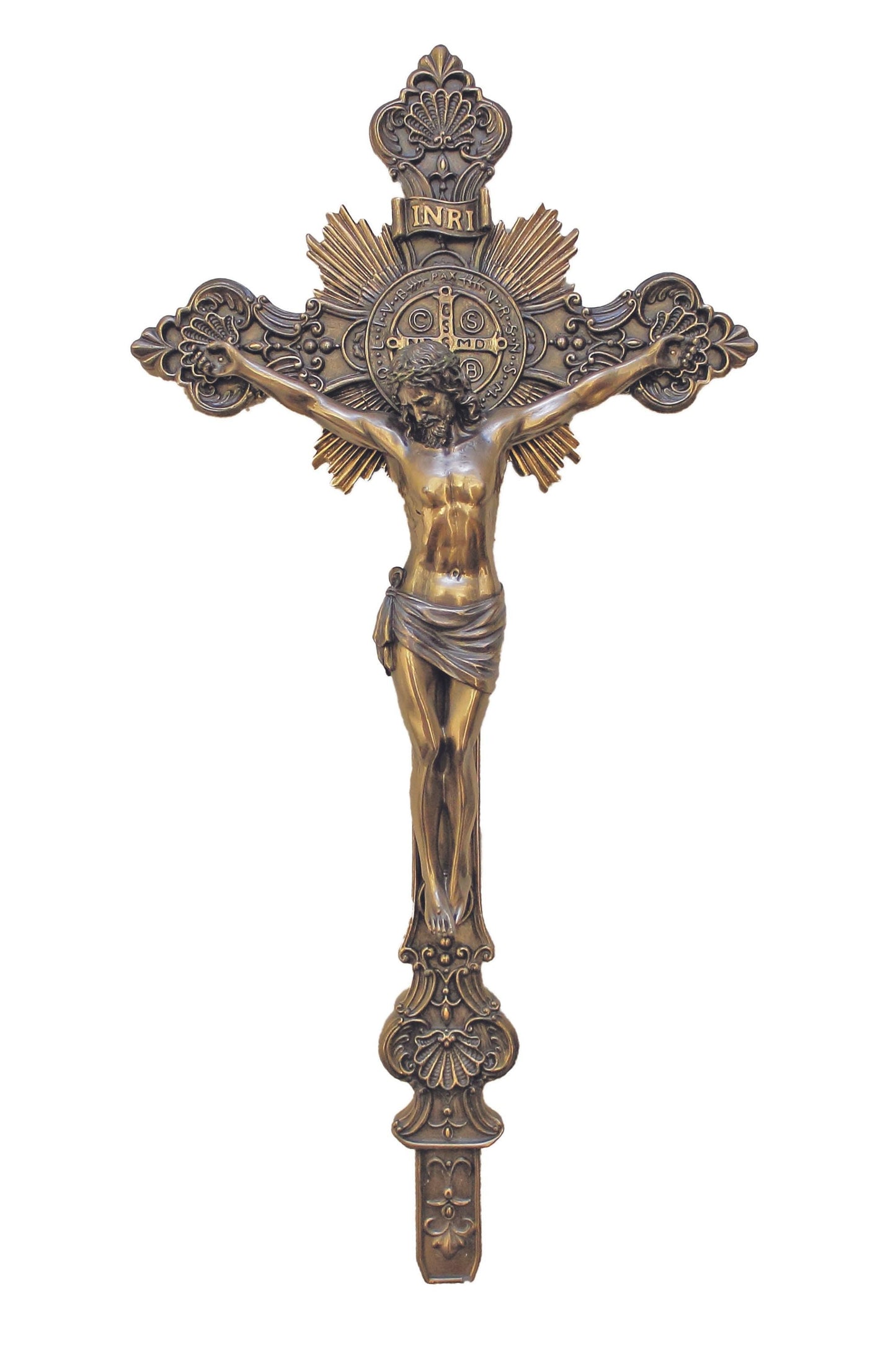 Crucifix de Saint Benoît en bronze coulé à froid légèrement peint à la main