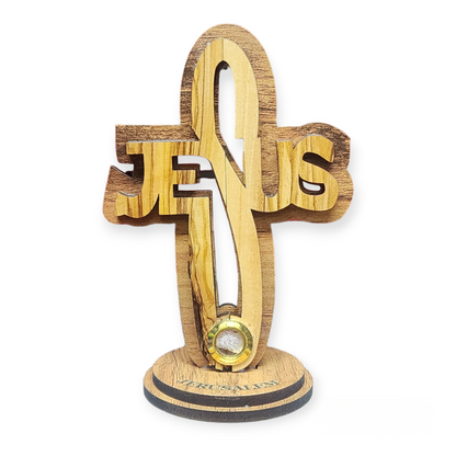 Jesus Name Cross on Stand - Olive Wood