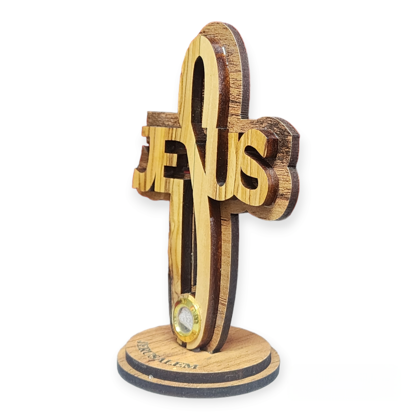 Jesus Name Cross on Stand - Olive Wood