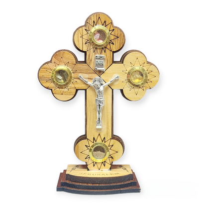 Olive Wood Cross With Stand & Metal Crucifix