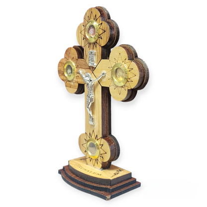 Olive Wood Cross With Stand & Metal Crucifix