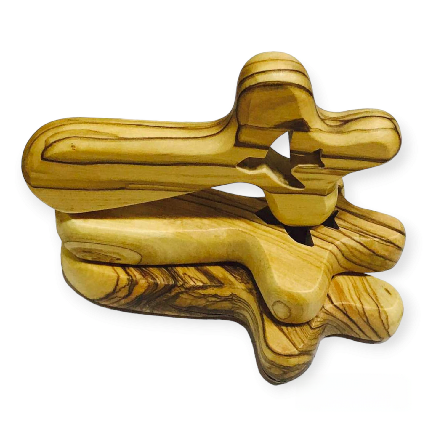 Croix de confort en bois d'olivier, oiseau au centre